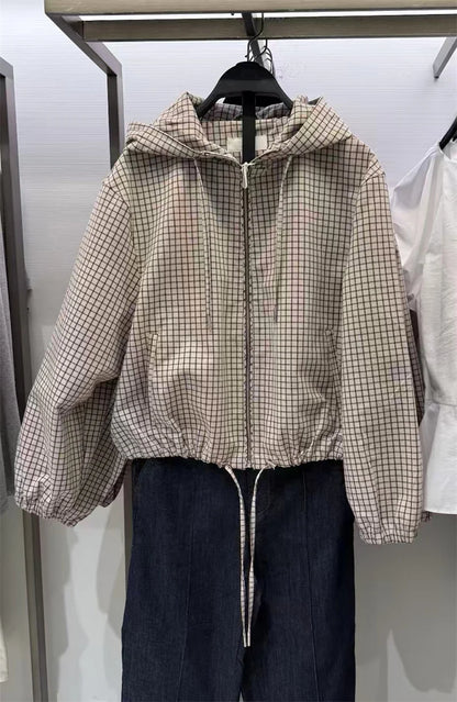 Damen karierte Kapuzenjacke cropped mit Reißverschluss