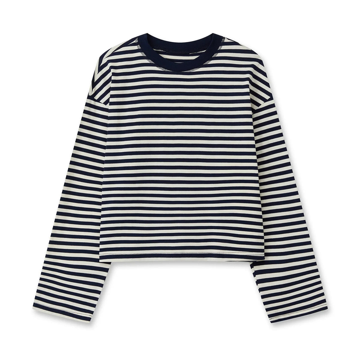Gestreiftes Langarmshirt Damen Rundhalsausschnitt Oversize Cropped