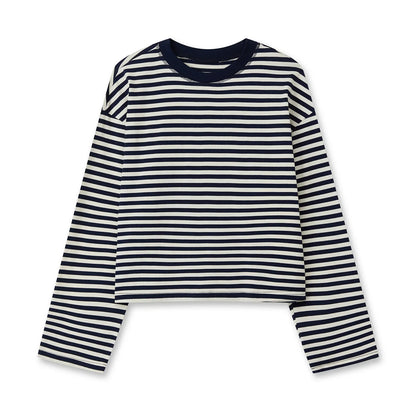 Gestreiftes Langarmshirt Damen Rundhalsausschnitt Oversize Cropped