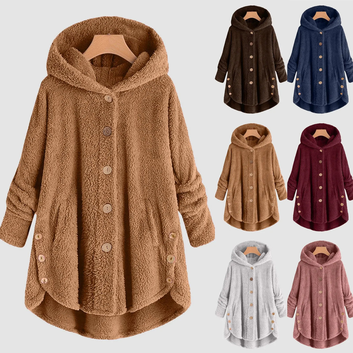 Damen Fleecejacke mit Kapuze Teddy-Optik Langarm Knopfleiste unregelmäßigem Saum