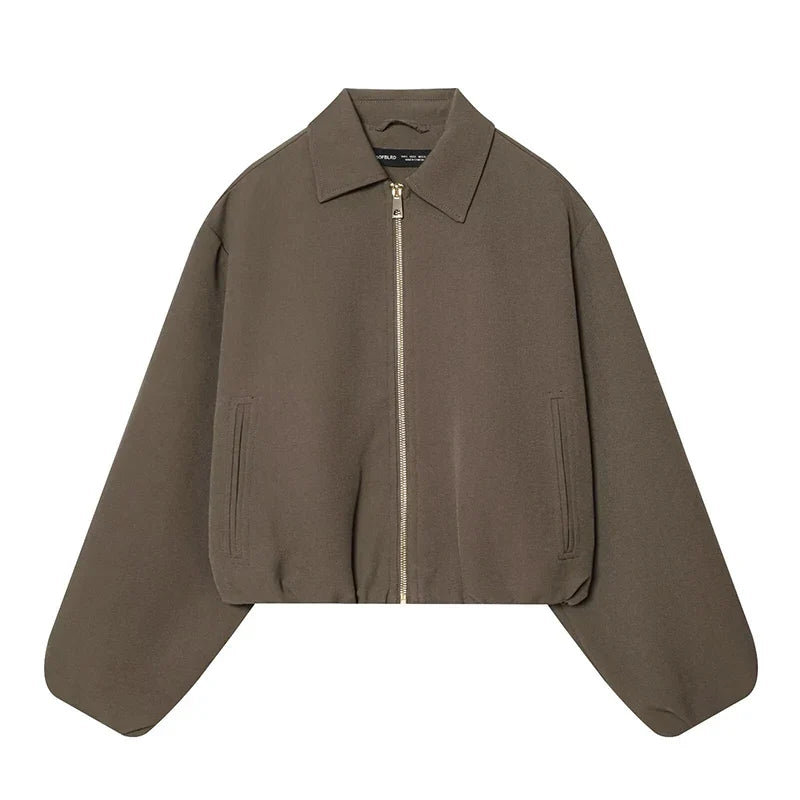 Short women's bomber jacket with collar, zipper, and long sleeves
