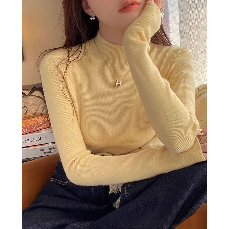 Women's rib-knit turtleneck sweater, long sleeve, close-fitting