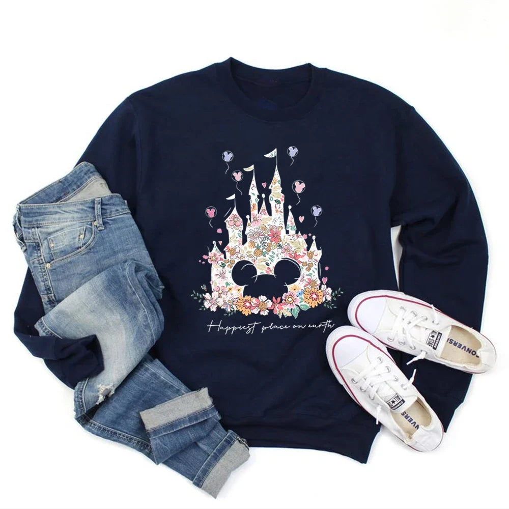 Damen Sweatshirt mit Blumen Schloss Druck & Mickey Motiv Rundhals