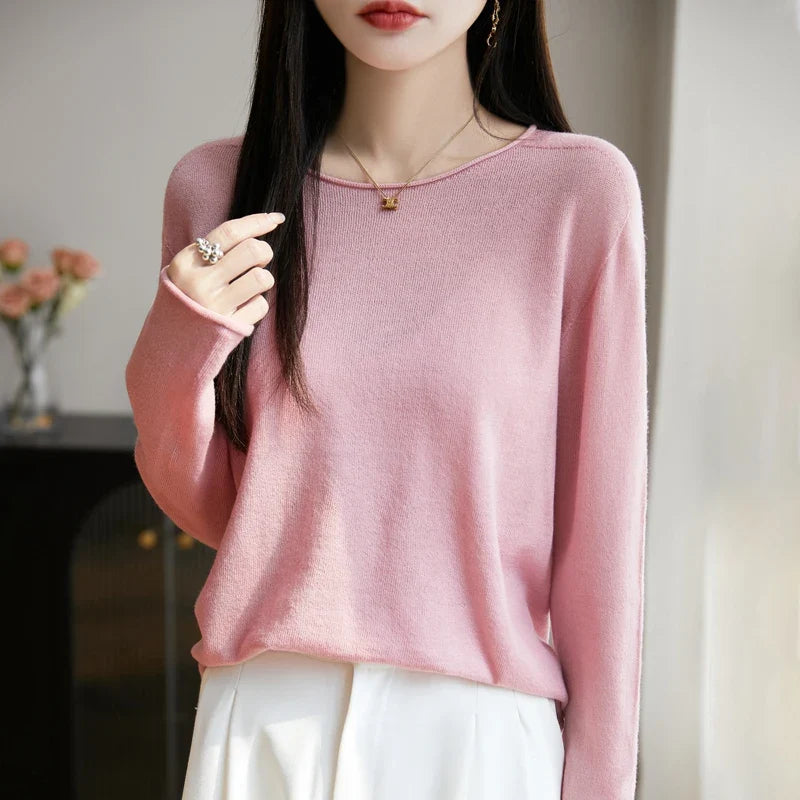 Damen Langarmshirt Rundhals Feinstrick Pullover Violett
