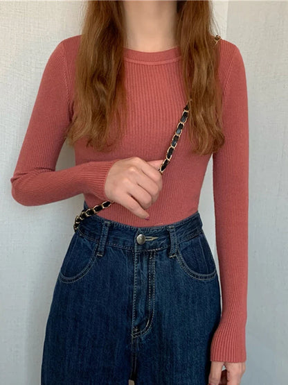 Women's ribbed long-sleeve sweater, crew neck, top