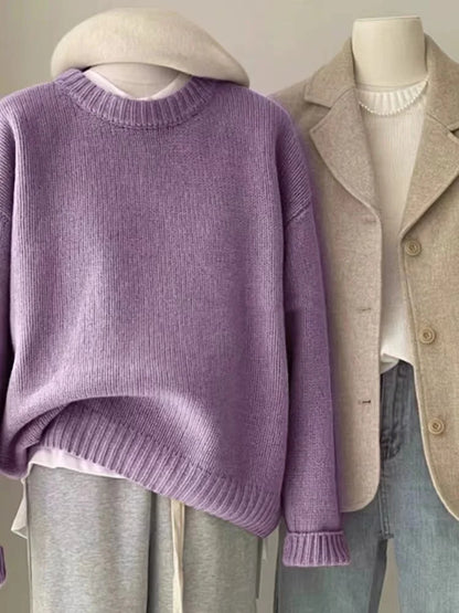 Ribbed crew-neck knit sweater, loose fit, multicolored