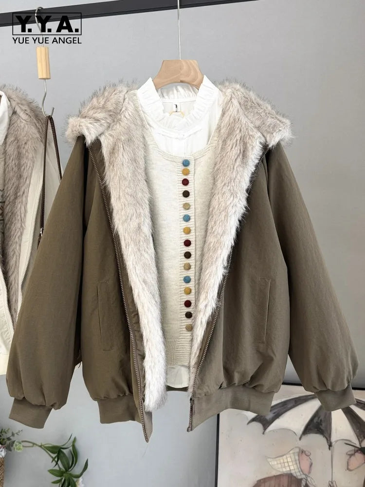 Damen Bomberjacke mit Kapuze Pelzimitat Futter Reißverschluss khaki