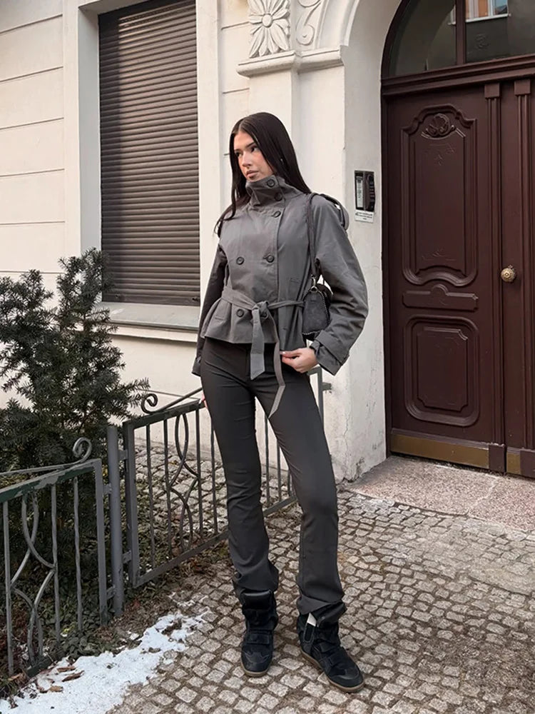Damen Kurzjacke mit Gürtel Doppelreihig Stehkragen Kurz Trench Jacke