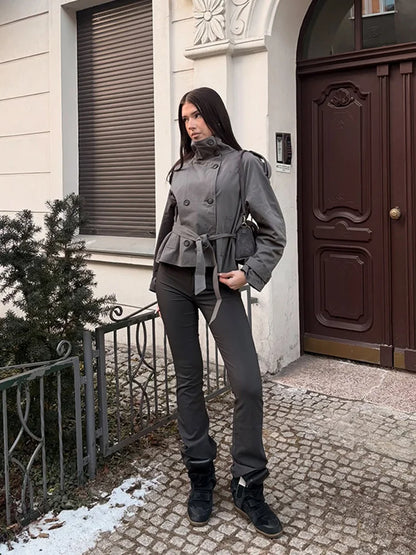 Damen Kurzjacke mit Gürtel Doppelreihig Stehkragen Kurz Trench Jacke