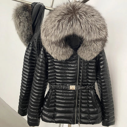 Damen Winterjacke Schwarz gesteppt mit Pelzkragen und Gürtel
