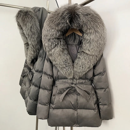 Damen Daunenjacke mit Kapuze, Pelzbesatz und Gürtel