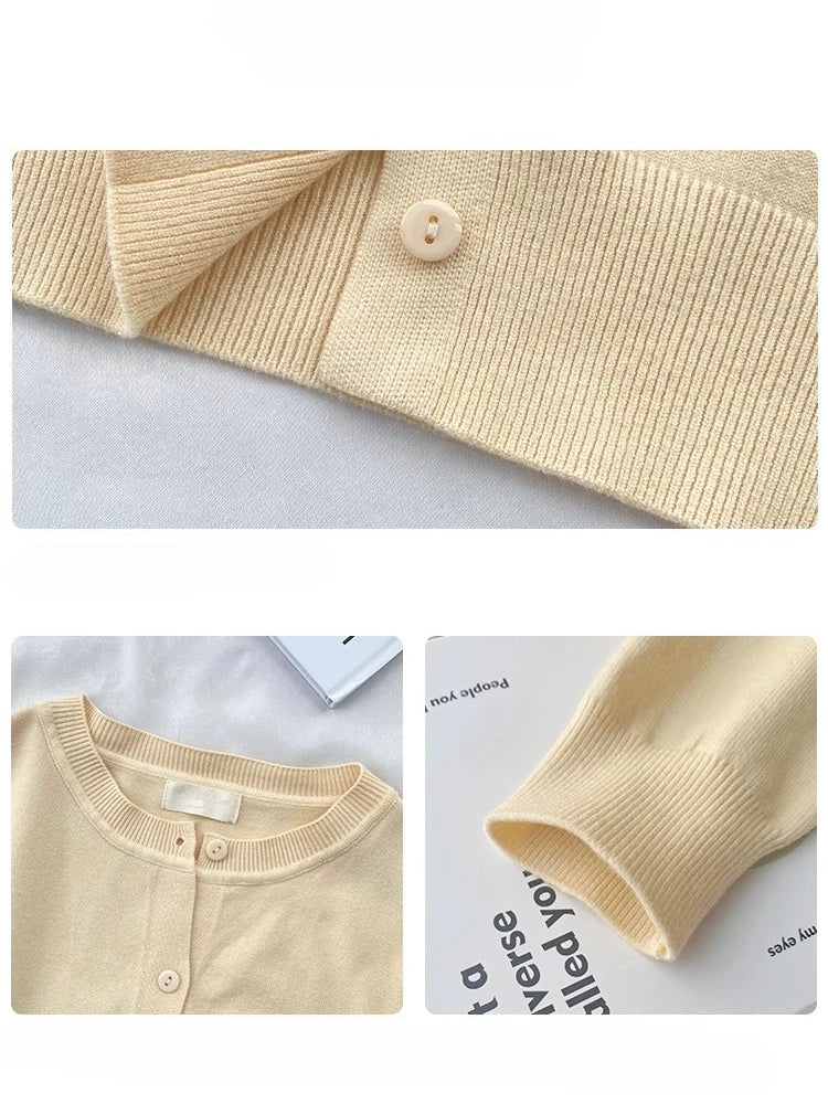 Women's crew-neck cardigan with buttons - Solid-color soft long-sleeve knitted cardigan