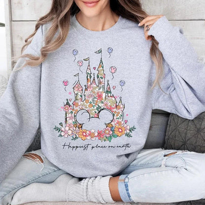 Damen Sweatshirt mit Blumen Schloss Druck & Mickey Motiv Rundhals