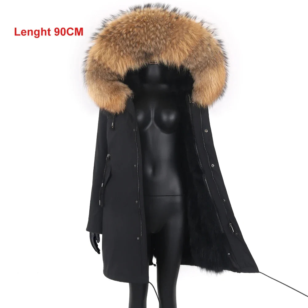 Long winter parka coat with hood and fur trim for women