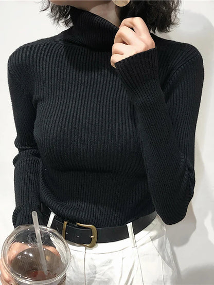 Gerippter Damen Rollkragenpullover Langarm Slim Fit Strickoberteil