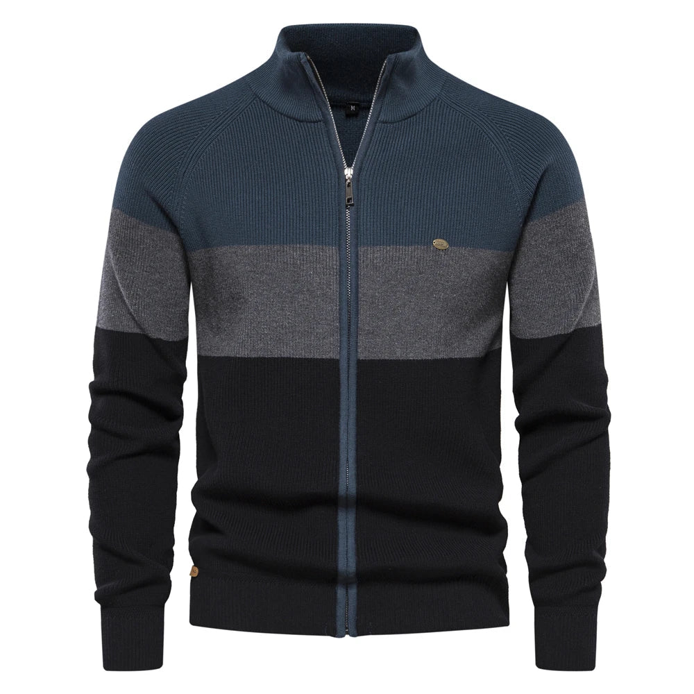 Men's zip-up cardigan with stand collar and color-block design