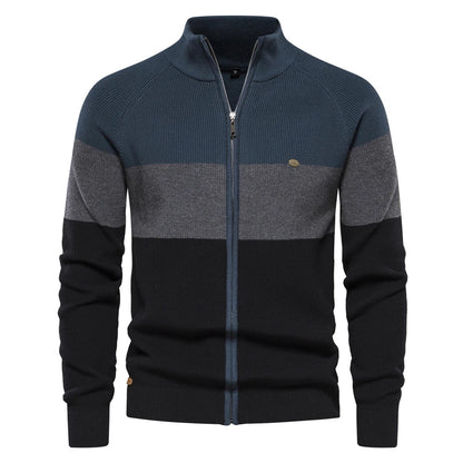 Men's zip-up cardigan with stand collar and color-block design