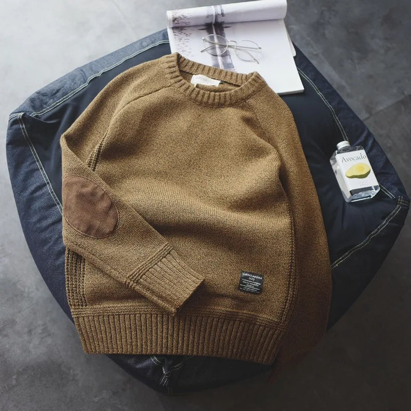 Herren Strickpullover Rundhals mit Ellbogen-Patches in Grau