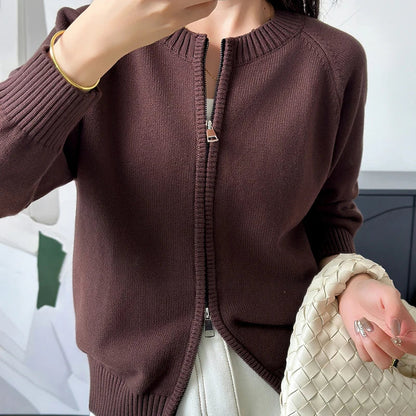 Women's zip-up cardigan with crew neck