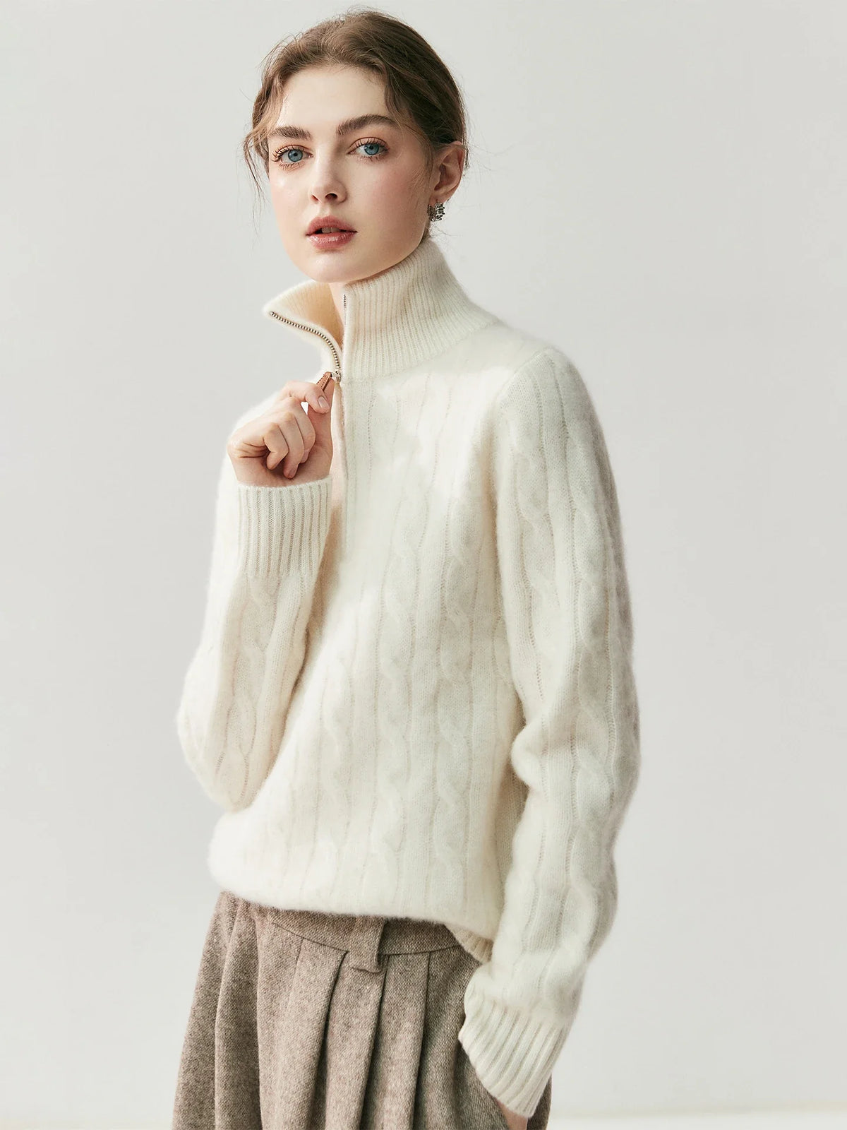 Women's cable-knit sweater with zipper, high collar, gray