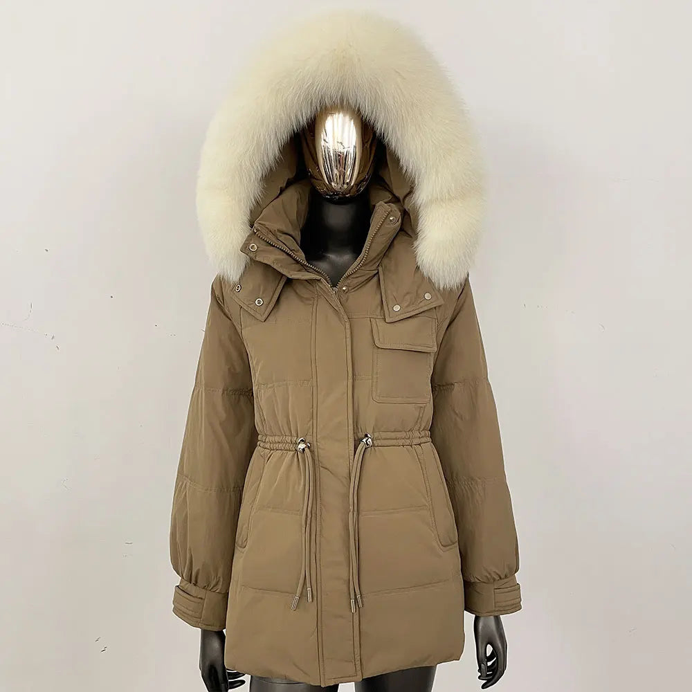 Women's winter parka jacket with fur hood and drawstring waist