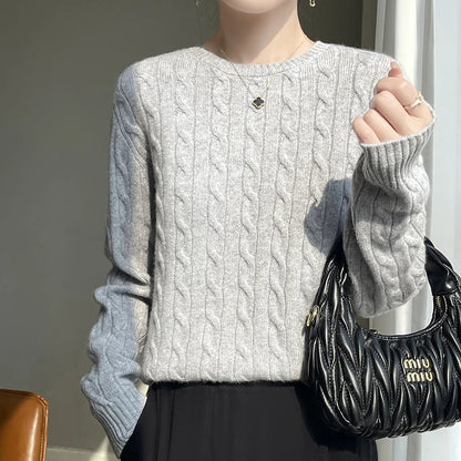 Damen Pullover Zopfmuster Rundhals Langarm Strickpullover