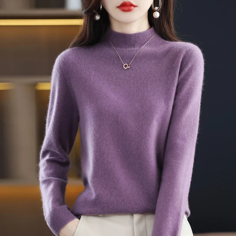 Women's sweater with stand-up collar, long-sleeved, fine-knit basic top