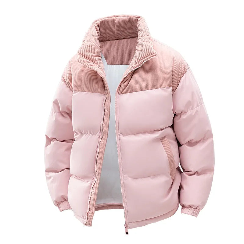 Men's Padded Winter Jacket with Hood, Corduroy Collar and Color-Block Design