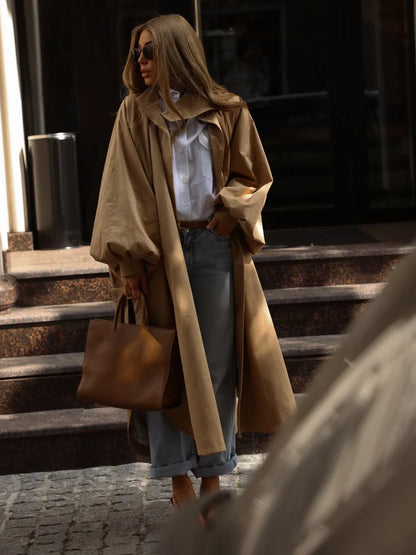 Women's long coat with balloon sleeves - Green, brown, beige - Elegant oversized trench coat