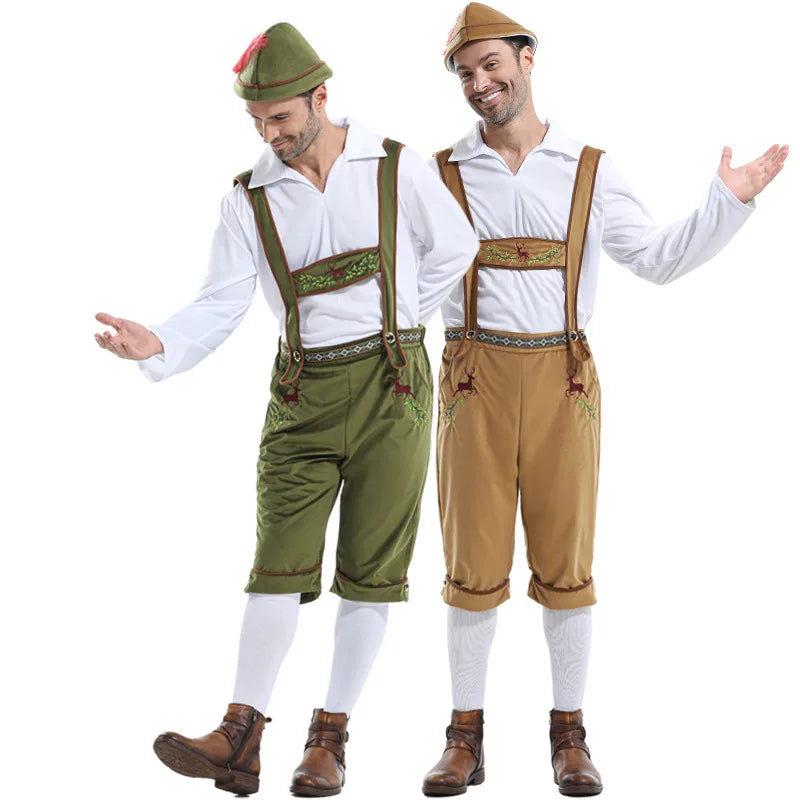 Men's Oktoberfest Costume Lederhosen Suspenders Shirt and Hat Set