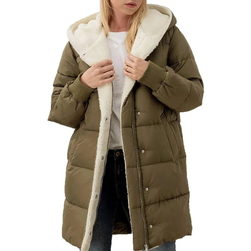 Damen Winter Steppmantel mit Kapuze & Teddyfutter Lang