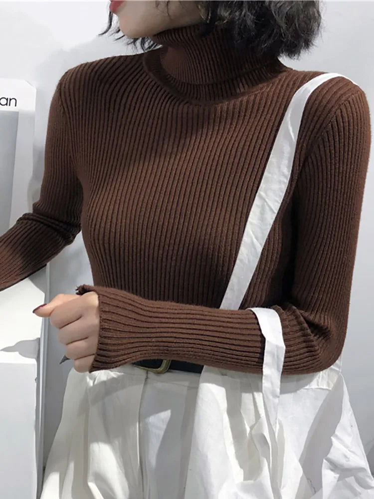 Gerippter Damen Rollkragenpullover Langarm Slim Fit Strickoberteil