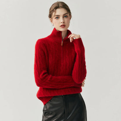 Women's cable-knit sweater with zipper, high collar, gray