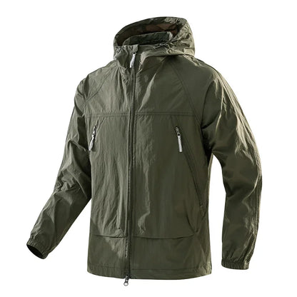 Lightweight hooded windbreaker jacket with zipper, for outdoor use