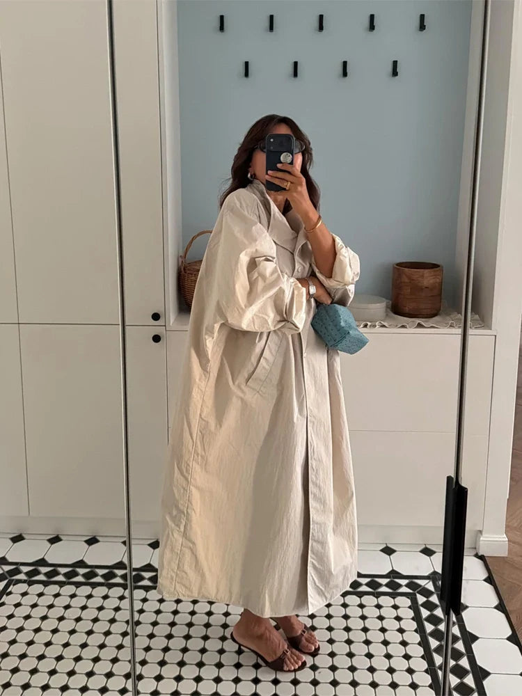 Oversized Damen Trenchcoat mit Gürtel und Stehkragen – Langer lockerer Übergangsmantel