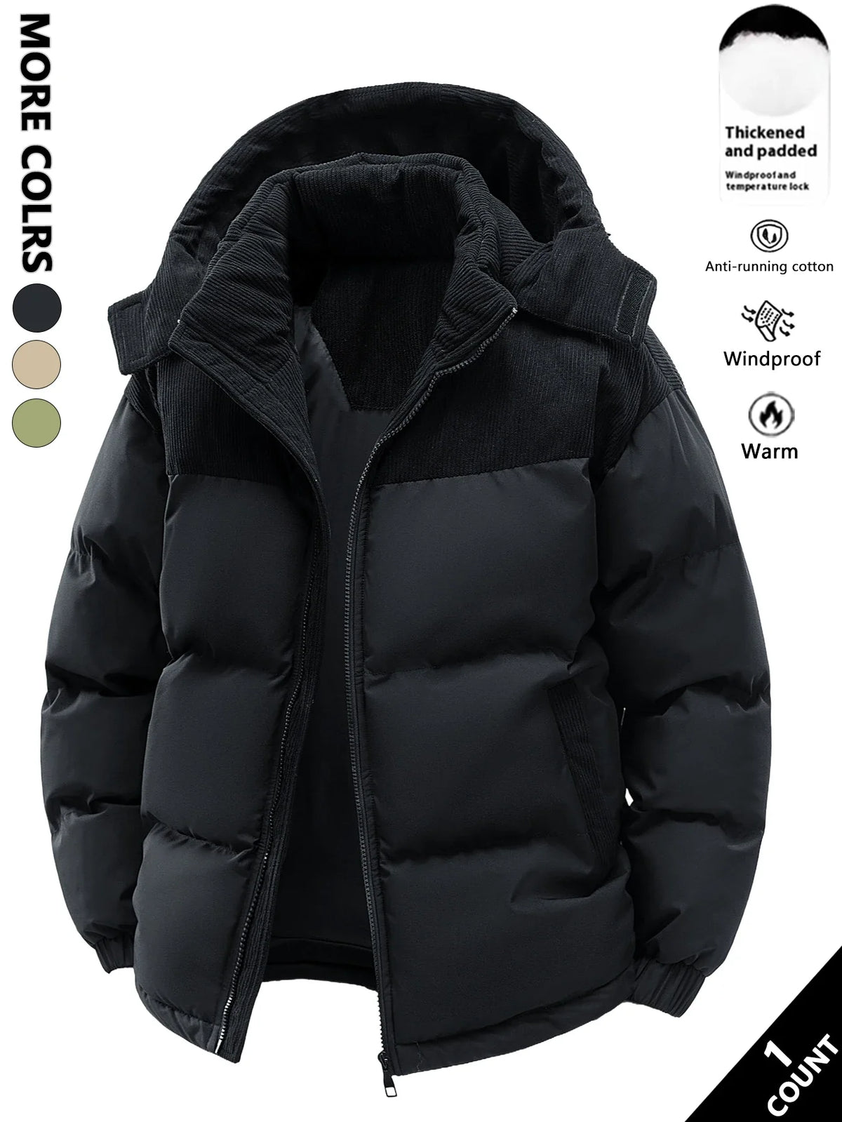 Unisex Winter Steppjacke mit Kapuze, gepolstert, Kord-Details
