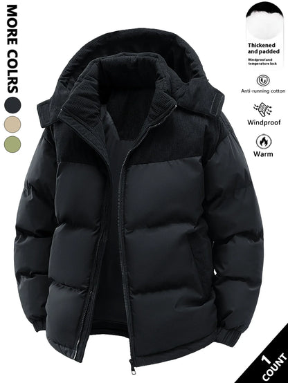 Unisex Winter Steppjacke mit Kapuze, gepolstert, Kord-Details