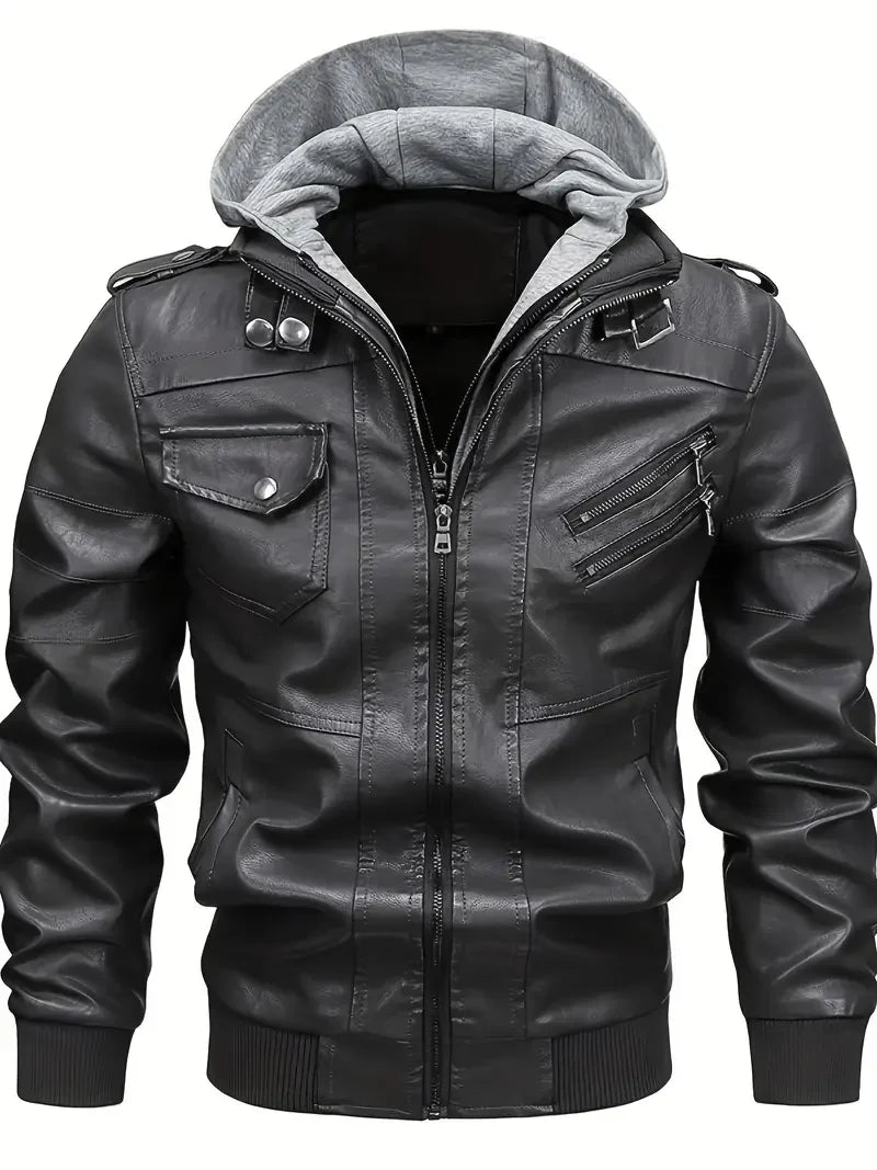 Herren Bomberjacke mit Kapuze und Reißverschlüssen, Lederoptik