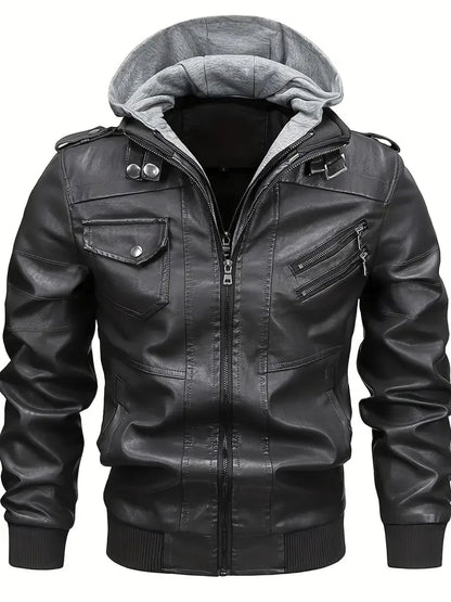 Herren Bomberjacke mit Kapuze und Reißverschlüssen, Lederoptik