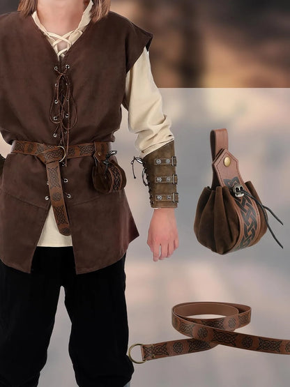 Mittelalterliches Herrenkostüm: Hemd, Weste, Hose, Gürtel, Armstulpen
