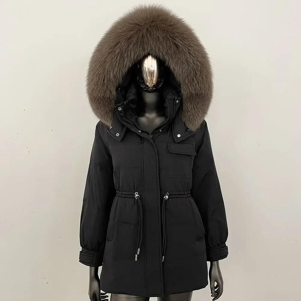 Women's winter parka jacket with fur hood and drawstring waist