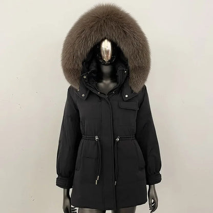 Women's winter parka jacket with fur hood and drawstring waist