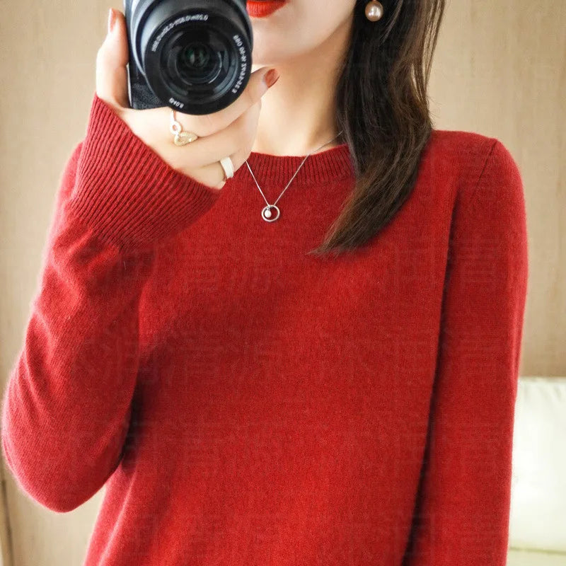 Damen Rundhals Pullover Langarm Basic Strickpullover