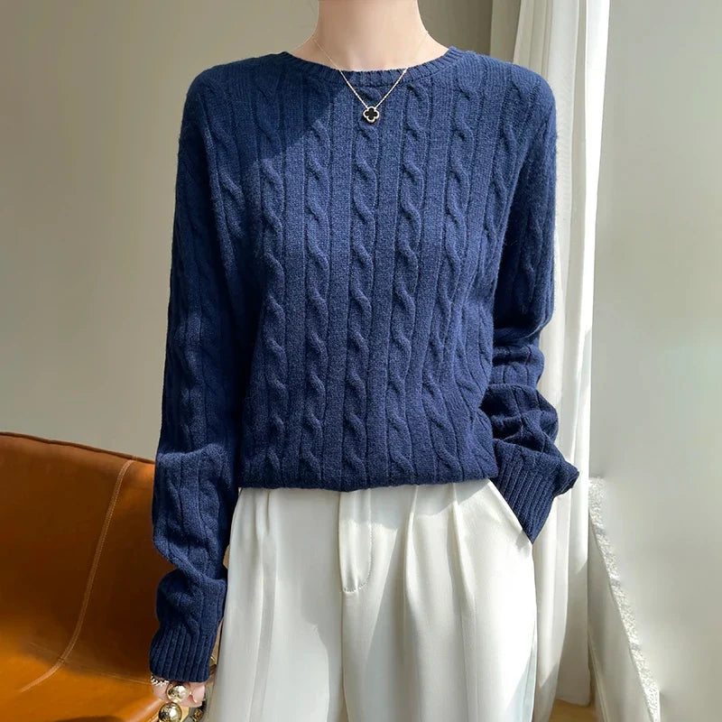 Damen Pullover Zopfmuster Rundhals Langarm Strickpullover