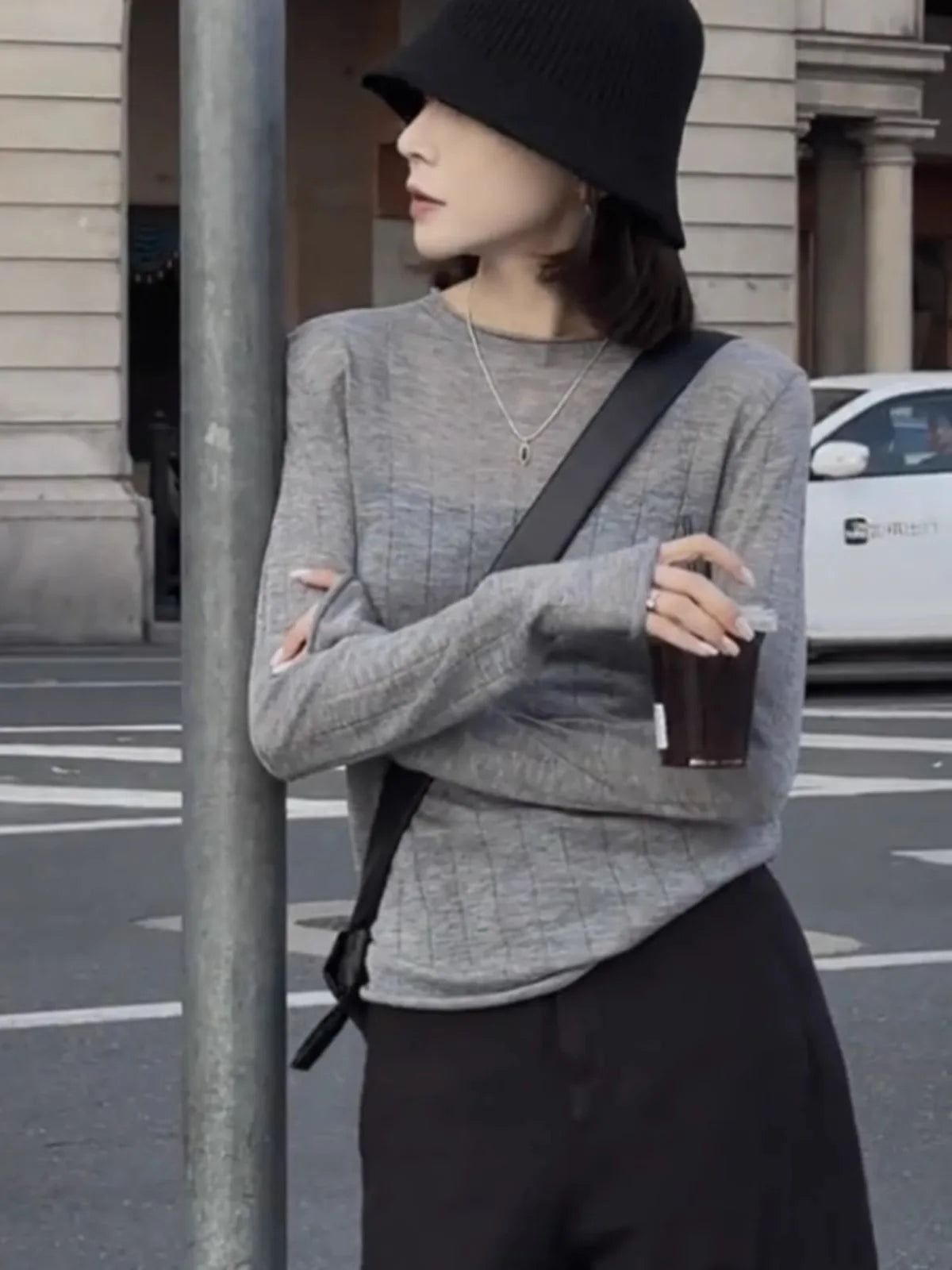 Women's Ribbed Long-Sleeved Shirt, Gray, Crew Neck, Stretch Look, Slim Fit