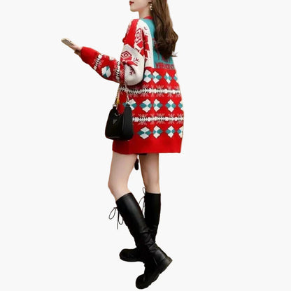 Damen Weihnachtspullover Kleid Ugly Christmas Sweater mit Schneemann 3D Applikation – Lustiger Oversize Winterpulli für Feiertage & Partys