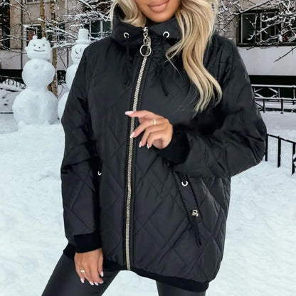 Women's quilted jacket with hood, zipper, and stand collar