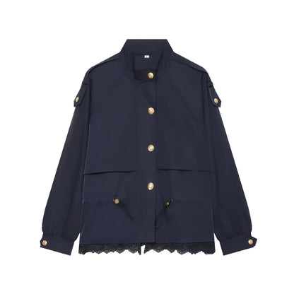Women's Jacket with Stand Collar, Waist Drawstring and Lace Trim at the Hem