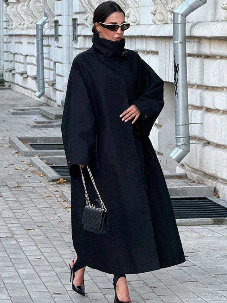 Damen Langer Trenchcoat Oversize mit hohem Kragen Schwarz