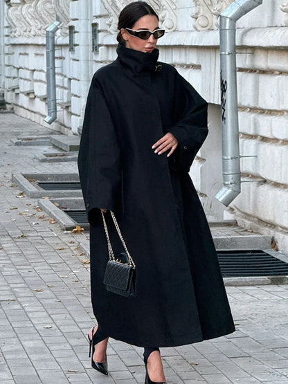 Damen Langer Trenchcoat Oversize mit hohem Kragen Schwarz